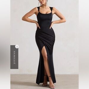 Club L London Black Satin Corset Maxi Dress – Thigh Slit Formal  / Evening Gown